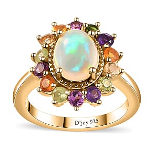 Premium Ethiopian Welo Opal and Multi Gemstone Daisy Floral Ring in Vermeil Yellow Gold Over Sterling Silver (Size 7.0) 2.20 ctw