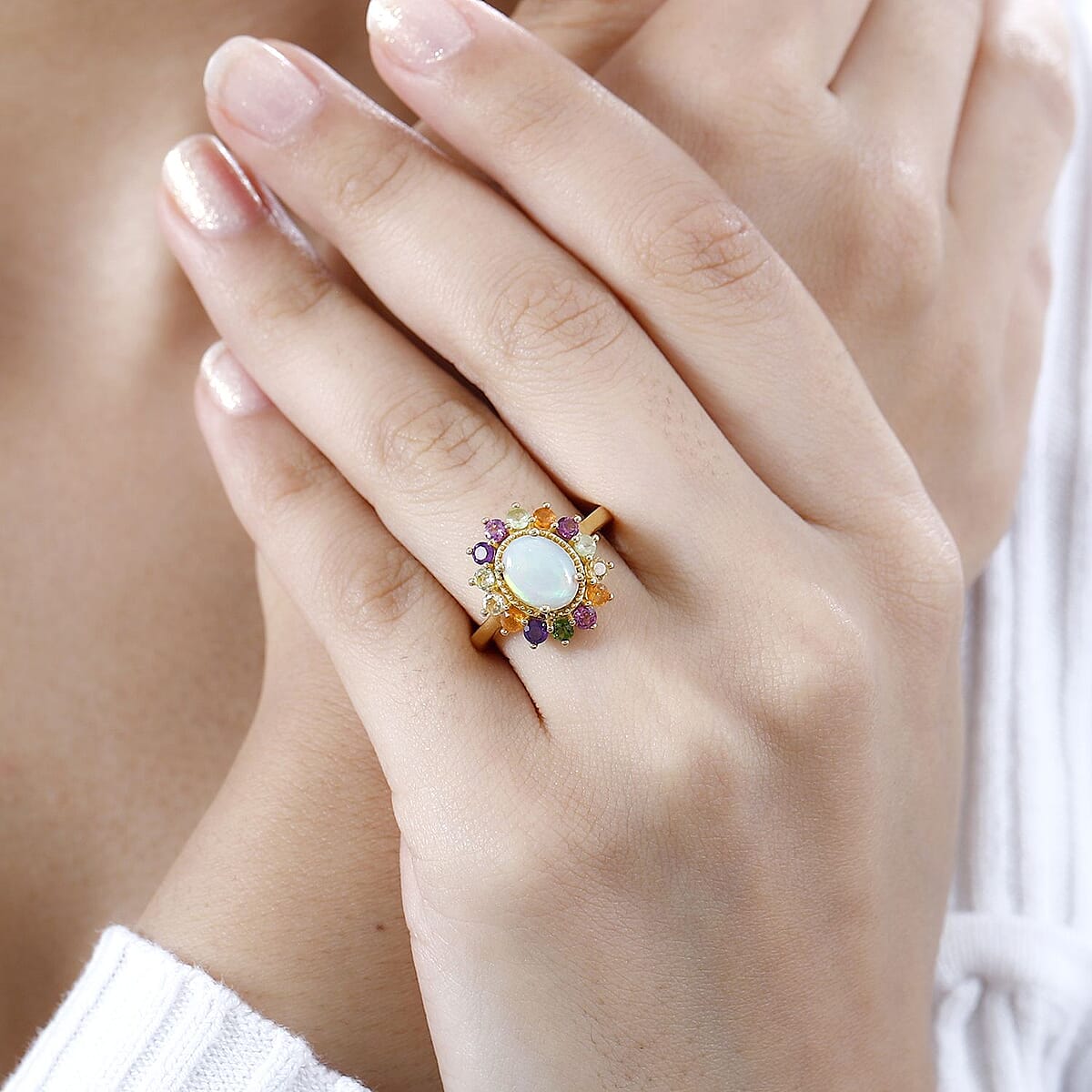 Premium Ethiopian Welo Opal and Multi Gemstone Daisy Floral Ring in Vermeil Yellow Gold Over Sterling Silver (Size 7.0) 2.20 ctw image number 3