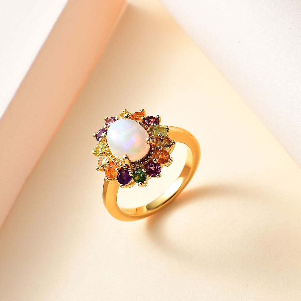 Premium Ethiopian Welo Opal and Multi Gemstone Daisy Floral Ring in Vermeil Yellow Gold Over Sterling Silver (Size 9.0) 2.20 ctw image number 1