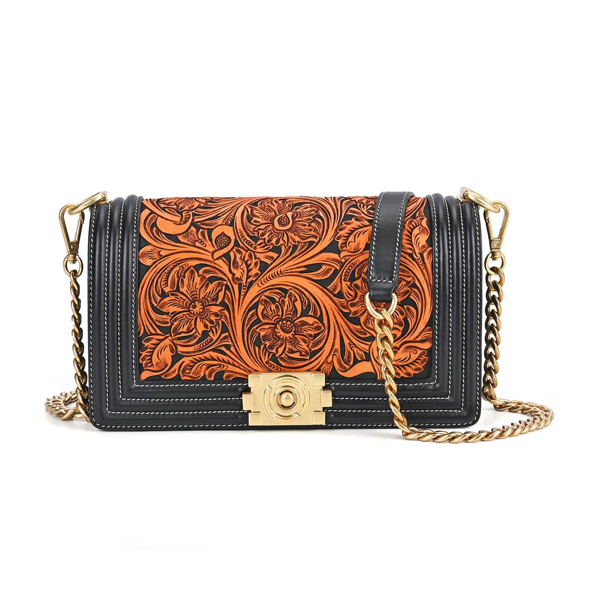 Grand Pelle Black with Solid Color Hand Engraving Flower Genuine Leather Crossbody Flap Bag with Long Strap 51.1 image number 0