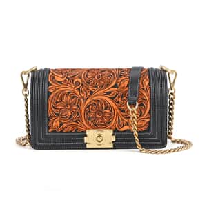 Grand Pelle Black with Solid Color Hand Engraving Flower Genuine Leather Crossbody Flap Bag with Long Strap 51.1