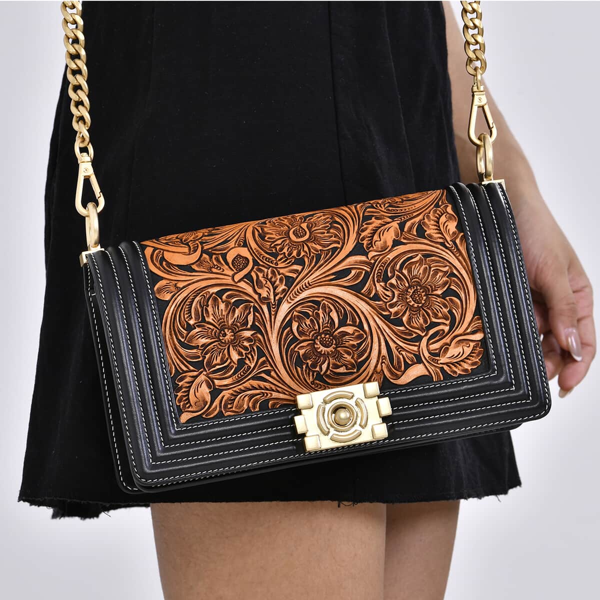 Grand Pelle Black with Solid Color Hand Engraving Flower Genuine Leather Crossbody Flap Bag with Long Strap 51.1 image number 2