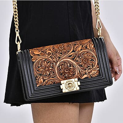 Grand Pelle Black with Solid Color Hand Engraving Flower Genuine Leather Crossbody Flap Bag with Long Strap 51.1