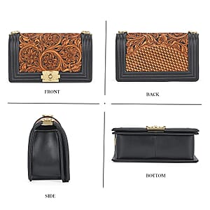 Grand Pelle Black with Solid Color Hand Engraving Flower Genuine Leather Crossbody Flap Bag with Long Strap 51.1