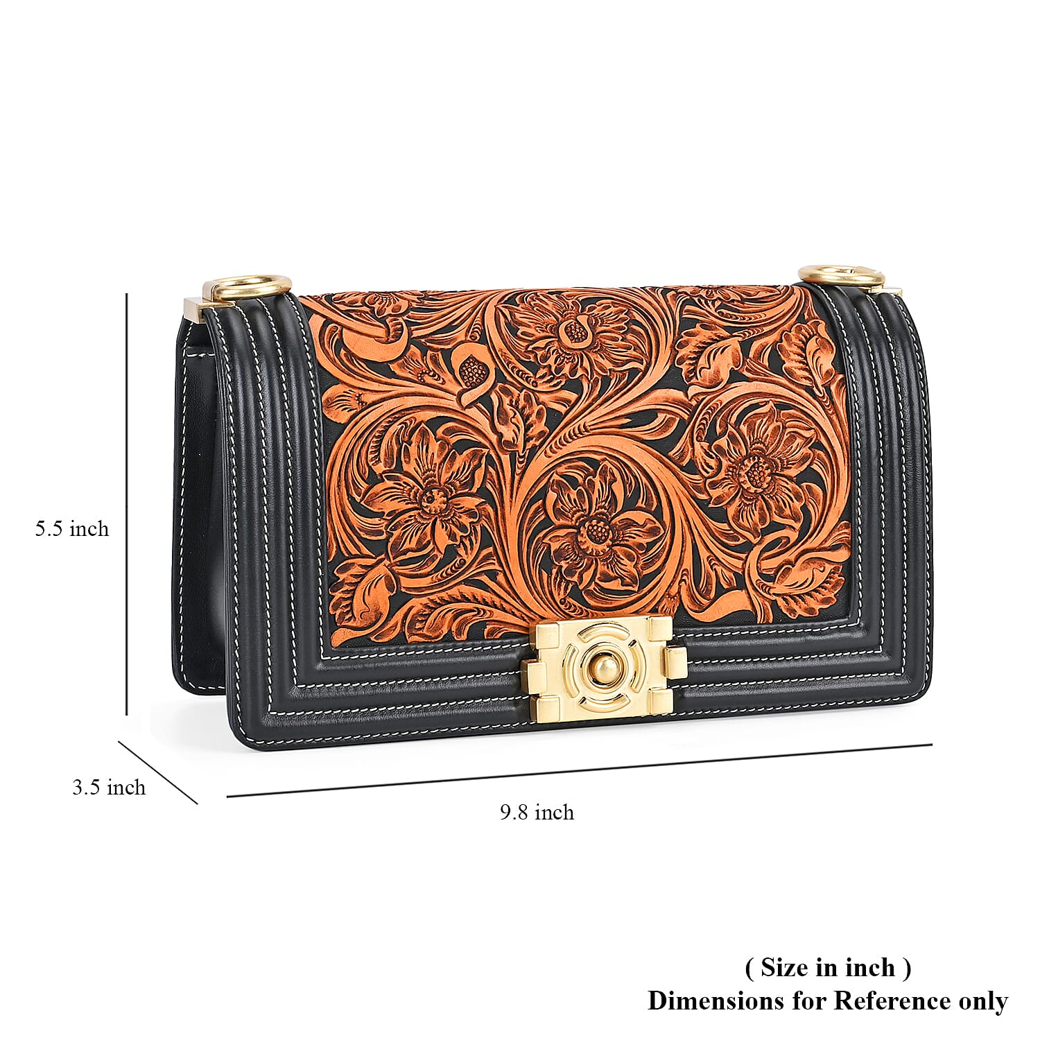 Grand Pelle Black with Solid Color Hand Engraving Flower Genuine Leather Crossbody Flap Bag with Long Strap 51.1