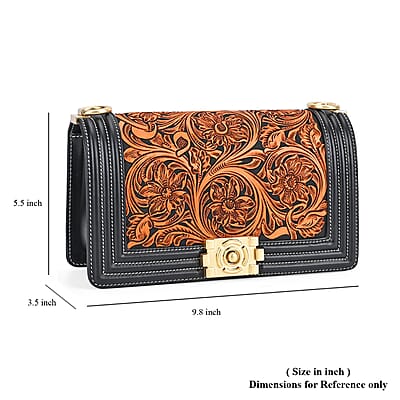 Grand Pelle Black with Solid Color Hand Engraving Flower Genuine Leather Crossbody Flap Bag with Long Strap 51.1