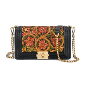 Grand Pelle Black with Multi Color Hand Engraving Flower Genuine Leather Crossbody Flap Bag with Long Strap 51.1