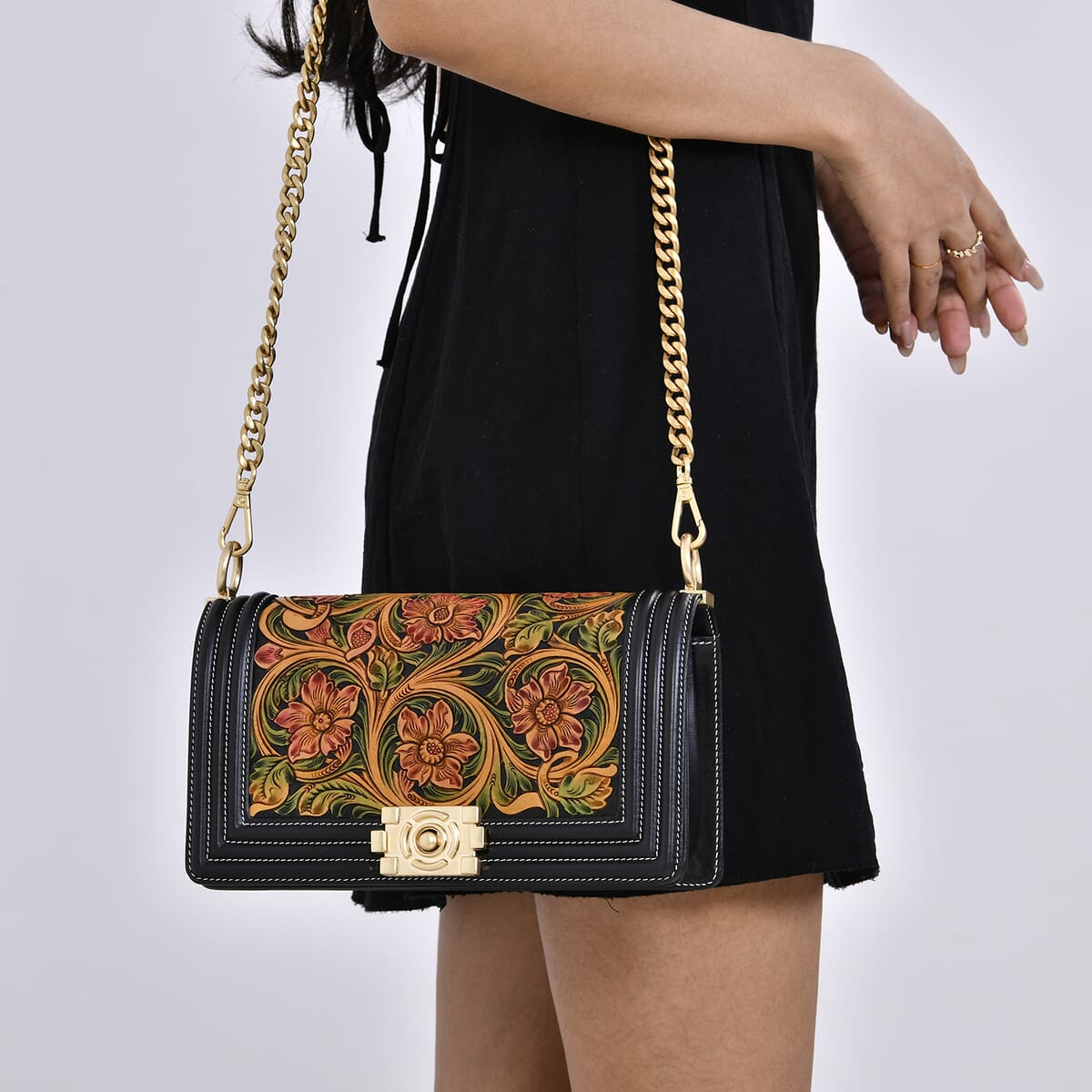 Grand Pelle Black with Multi Color Hand Engraving Flower Genuine Leather Crossbody Flap Bag with Long Strap 51.1 image number 2