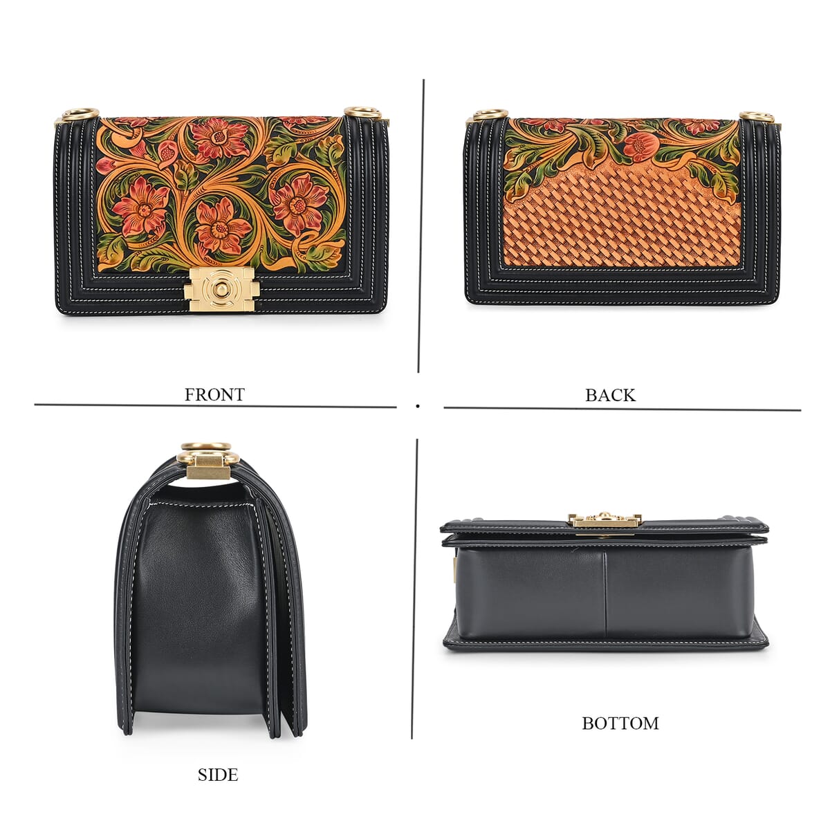Grand Pelle Black with Multi Color Hand Engraving Flower Genuine Leather Crossbody Flap Bag with Long Strap 51.1 image number 3
