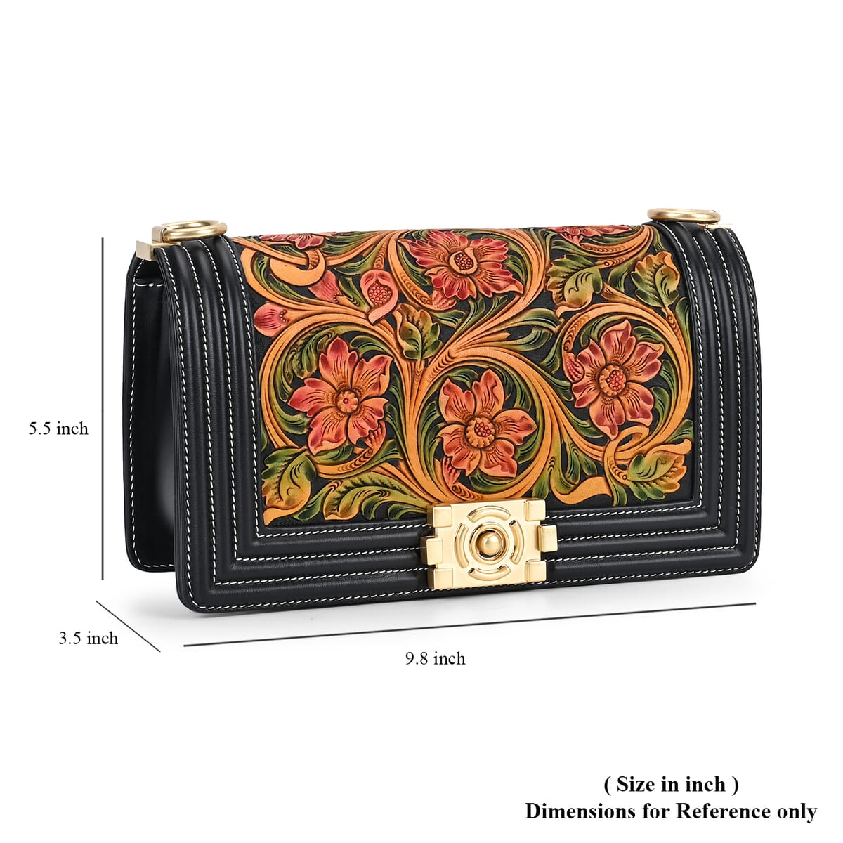 Grand Pelle Black with Multi Color Hand Engraving Flower Genuine Leather Crossbody Flap Bag with Long Strap 51.1 image number 5
