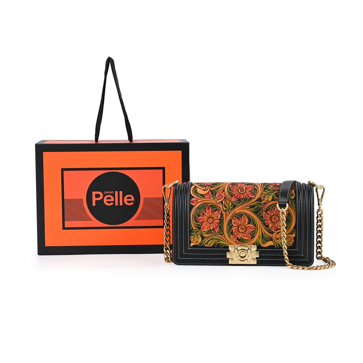 Grand Pelle Black with Multi Color Hand Engraving Flower Genuine Leather Crossbody Flap Bag with Long Strap 51.1 image number 6