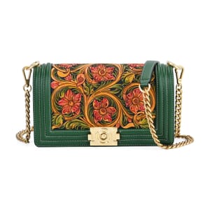 Grand Pelle Green with Multi Color Hand Engraving Flower Genuine Leather Crossbody Flap Bag with Long Strap 51.1