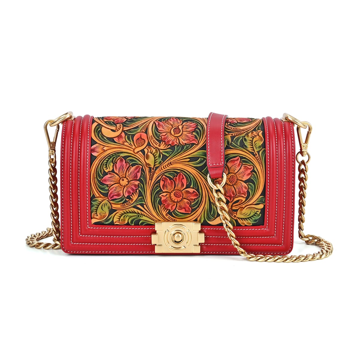 Grand Pelle Red with Multi Color Hand Engraving Flower Genuine Leather Crossbody Flap Bag with Long Strap 51.1 image number 0