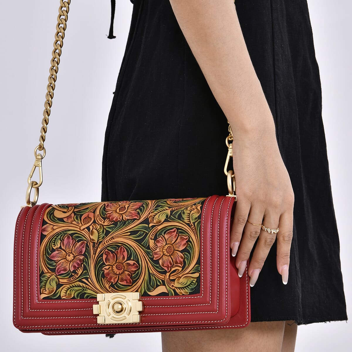 Grand Pelle Red with Multi Color Hand Engraving Flower Genuine Leather Crossbody Flap Bag with Long Strap 51.1 image number 2