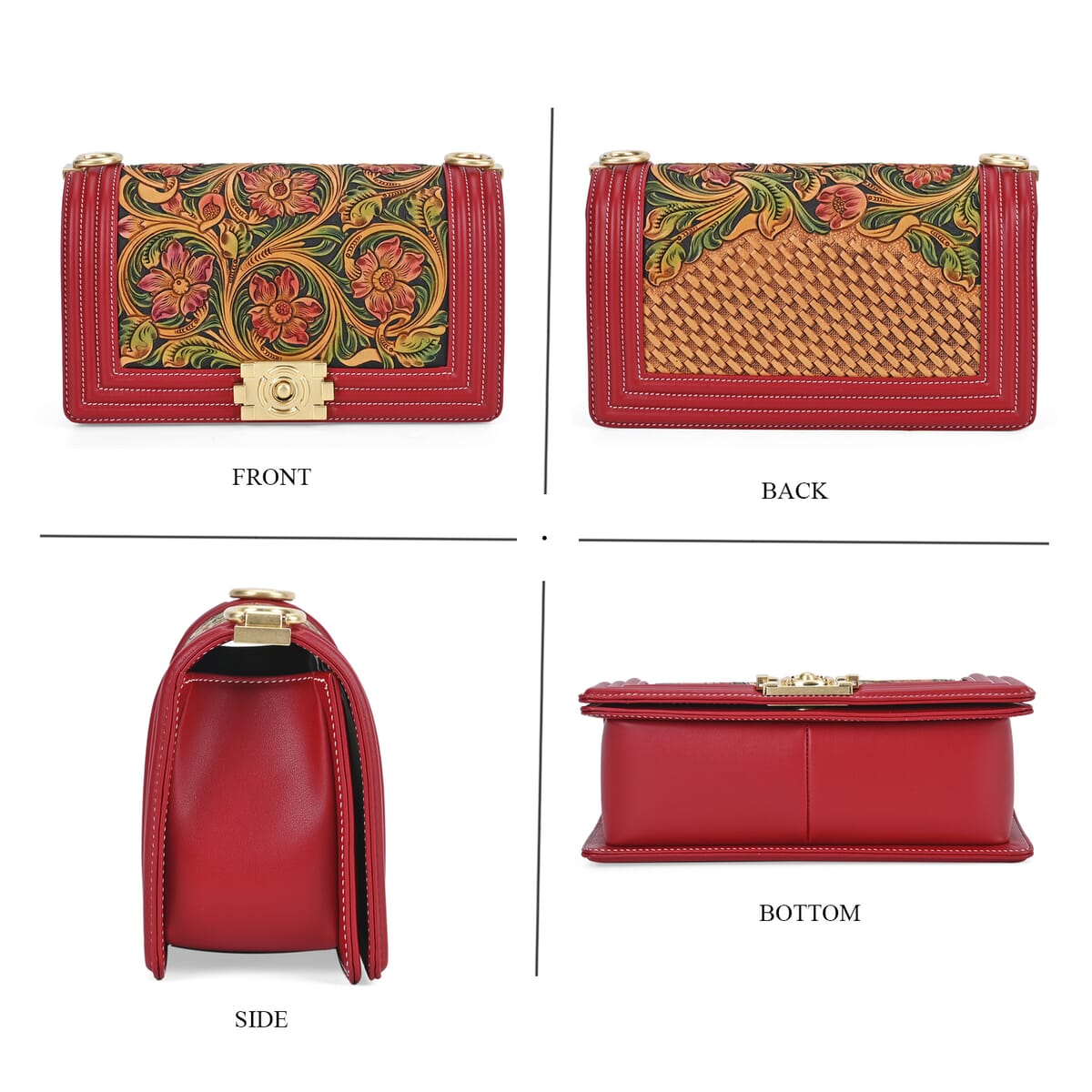 Grand Pelle Red with Multi Color Hand Engraving Flower Genuine Leather Crossbody Flap Bag with Long Strap 51.1 image number 3