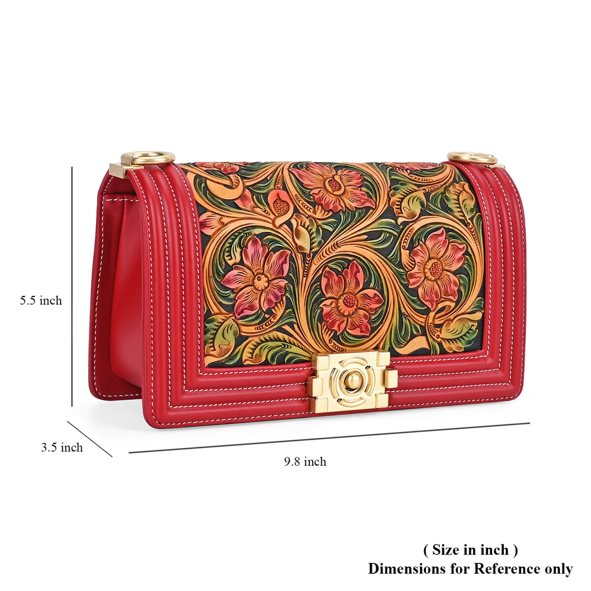 Grand Pelle Red with Multi Color Hand Engraving Flower Genuine Leather Crossbody Flap Bag with Long Strap 51.1 image number 5