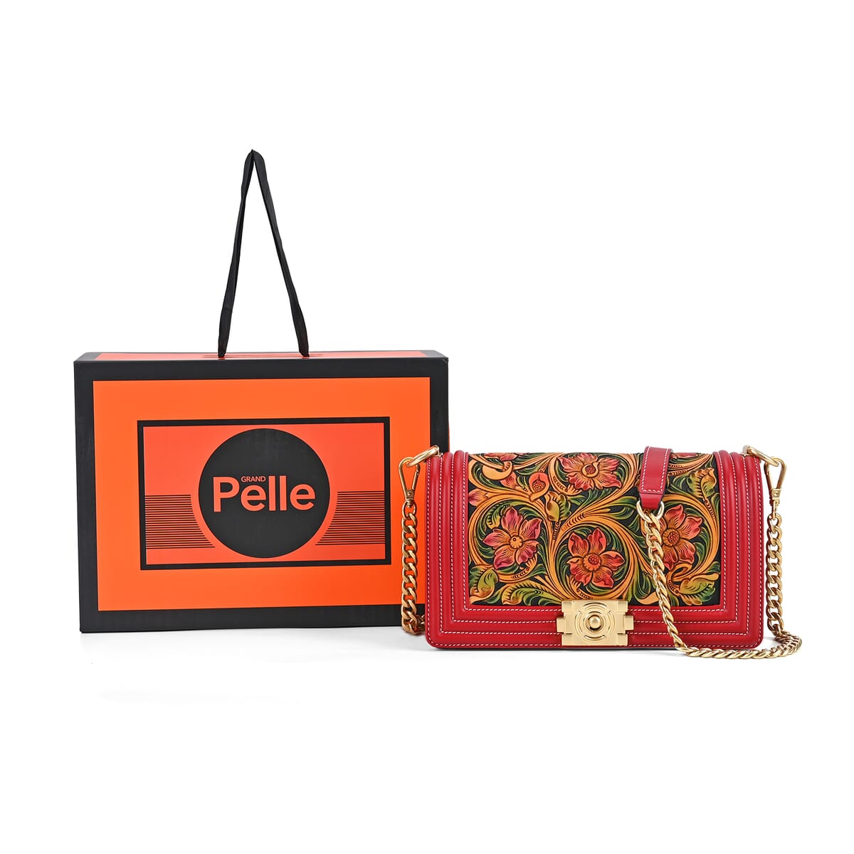 Grand Pelle Red with Multi Color Hand Engraving Flower Genuine Leather Crossbody Flap Bag with Long Strap 51.1 image number 6