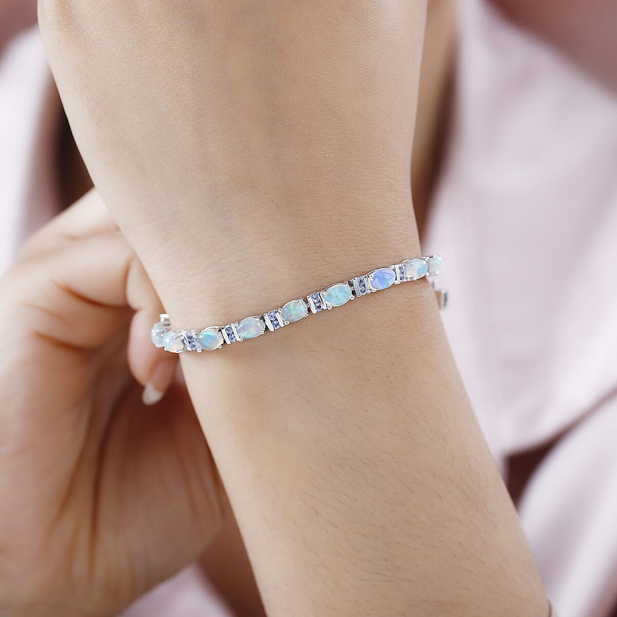 Premium Ethiopian Welo Opal and Tanzanite Bracelet in Platinum Over Sterling Silver (6.50 In) 6.80 ctw image number 2