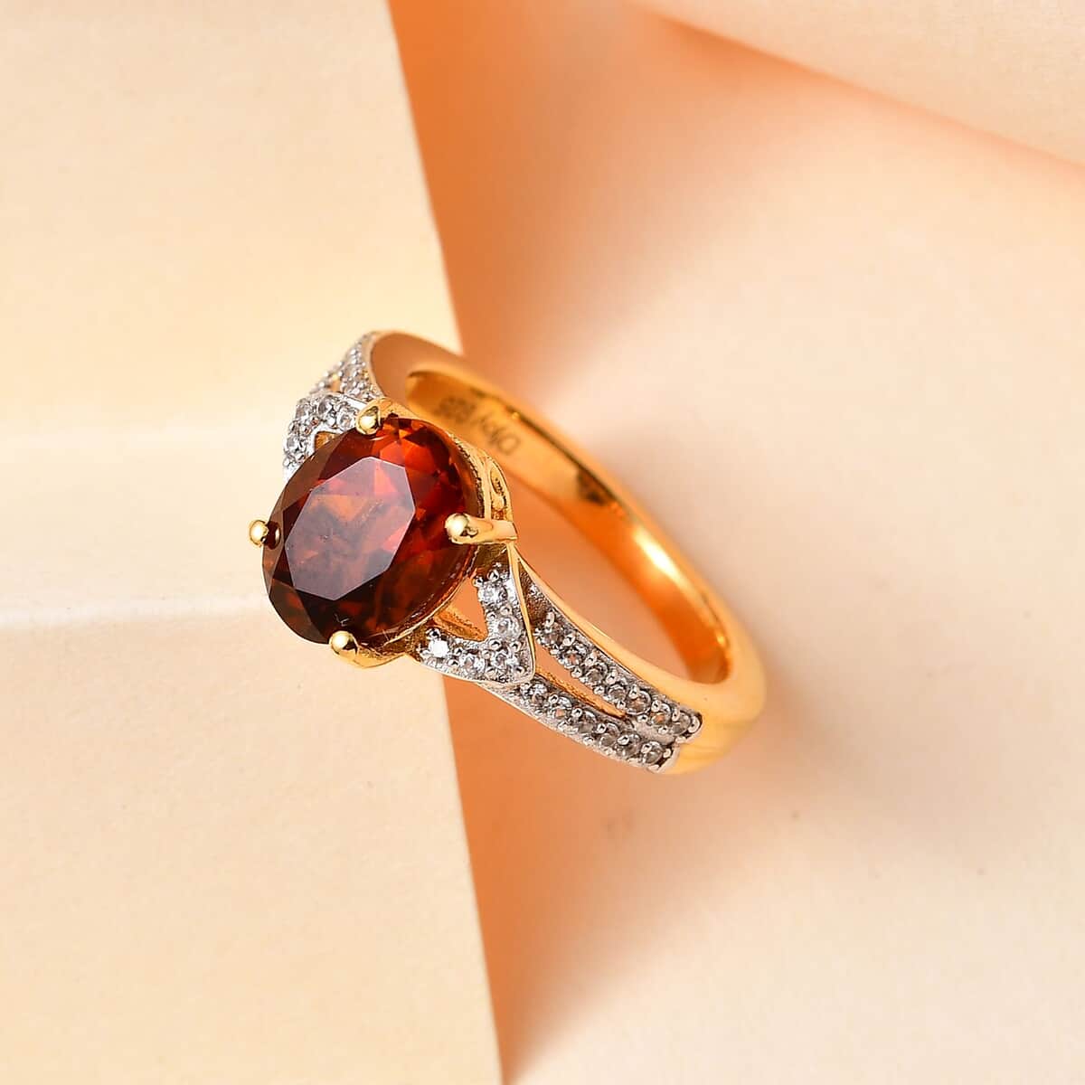 Brazilian Cherry Citrine and White Zircon Ring in Vermeil Yellow Gold Over Sterling Silver (Size 10.0) 2.00 ctw image number 1