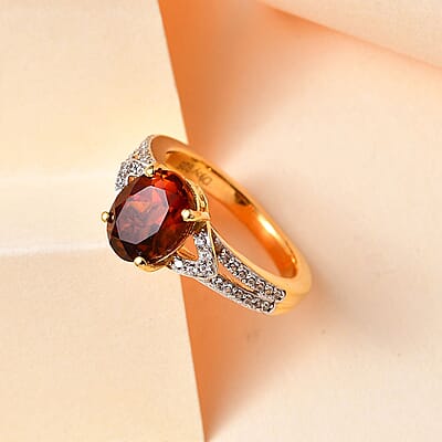 Brazilian Cherry Citrine and White Zircon Ring in Vermeil Yellow Gold Over Sterling Silver (Size 10.0) 2.00 ctw