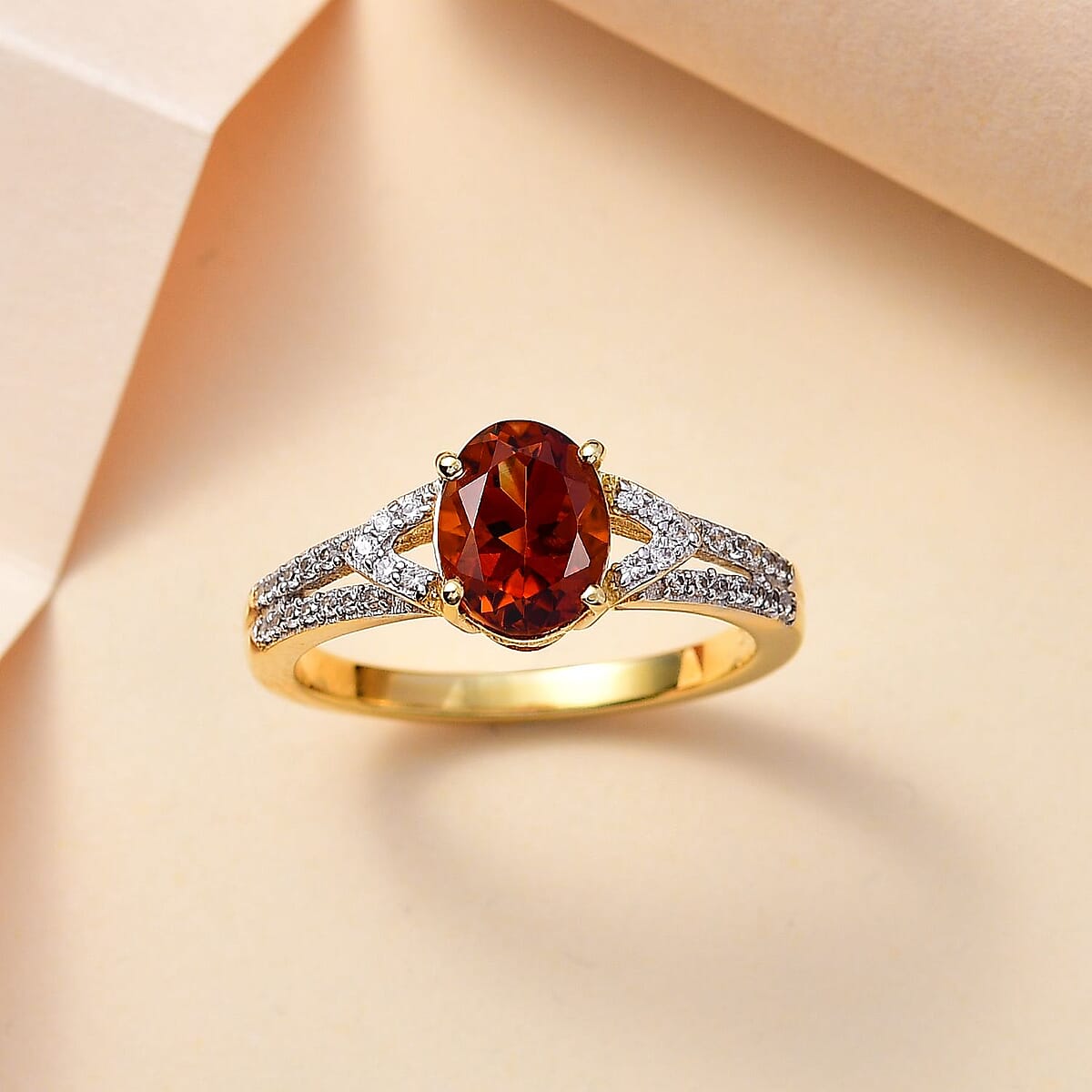 Brazilian Cherry Citrine and White Zircon Ring in Vermeil Yellow Gold Over Sterling Silver (Size 8.0) 2.00 ctw image number 1