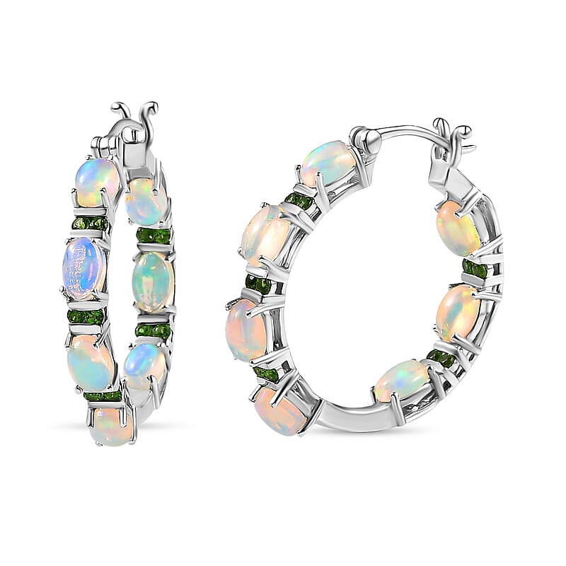 Premium Ethiopian Welo Opal and Chrome Diopside Inside Out Hoop Earrings in Platinum Over Sterling Silver 0.90 ctw