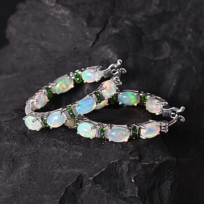 Premium Ethiopian Welo Opal and Chrome Diopside Inside Out Hoop Earrings in Platinum Over Sterling Silver 0.90 ctw