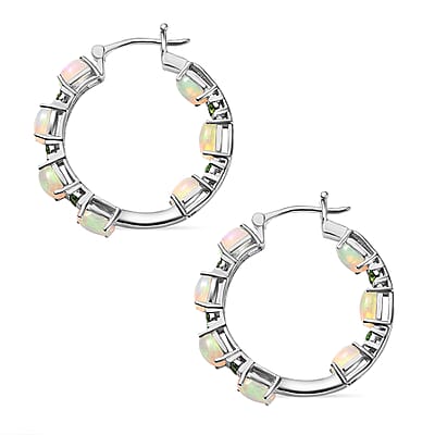 Premium Ethiopian Welo Opal and Chrome Diopside Inside Out Hoop Earrings in Platinum Over Sterling Silver 0.90 ctw
