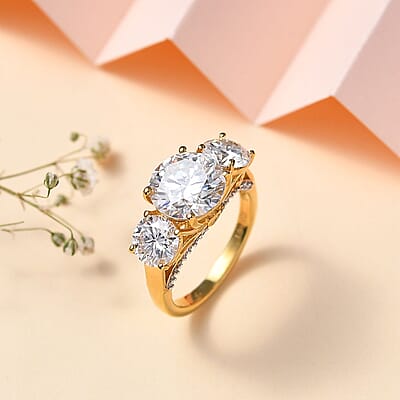 Moissanite Trilogy Ring in 18K Vermeil Yellow Gold Over Sterling Silver (Size 10.0) 4.30 ctw