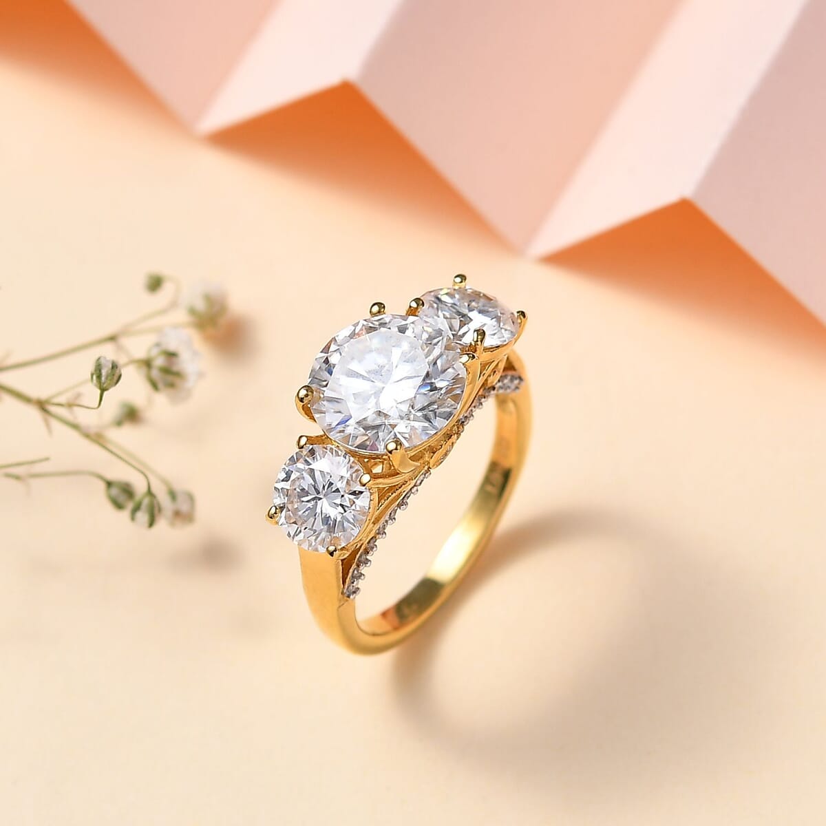 Moissanite Trilogy Ring in 18K Vermeil Yellow Gold Over Sterling Silver (Size 9.0) 4.30 ctw image number 1