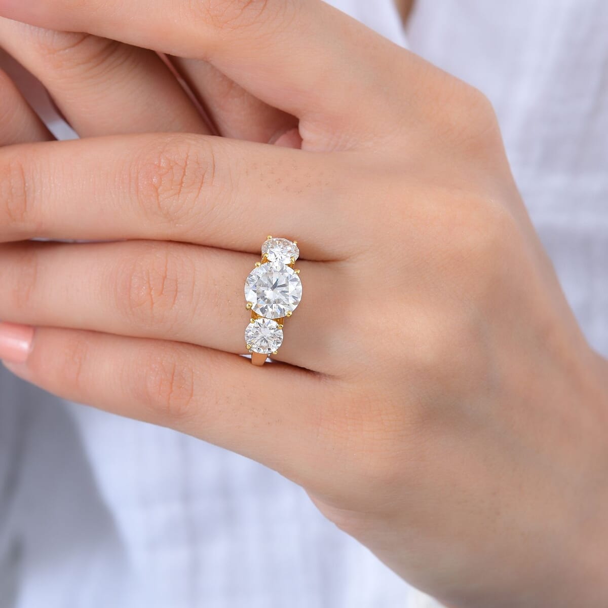 Moissanite Trilogy Ring in 18K Vermeil Yellow Gold Over Sterling Silver (Size 9.0) 4.30 ctw image number 2