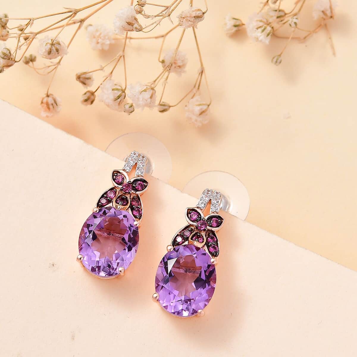 Premium Rose De France Amethyst and Multi Gemstone Earrings in Vermeil Rose Gold Over Sterling Silver 10.40 ctw image number 1