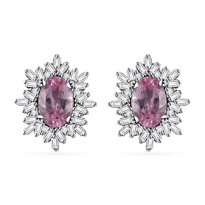 Premium Narsipatnam Pink Spinel and Diamond Stud Earrings in Rhodium Over Sterling Silver 1.25 ctw