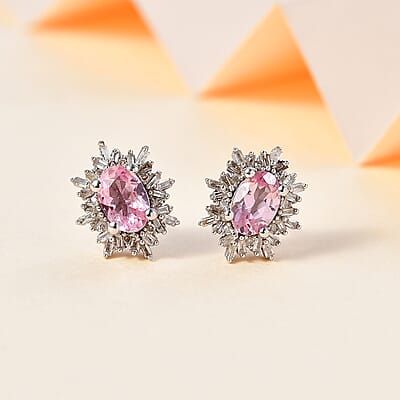 Premium Narsipatnam Pink Spinel and Diamond Stud Earrings in Rhodium Over Sterling Silver 1.25 ctw