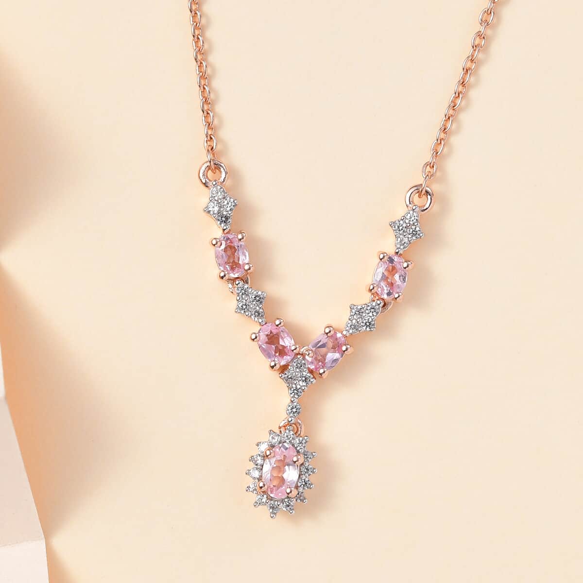 Premium Narsipatnam Pink Spinel and White Zircon Necklace 18-20 Inches in 18K Vermeil Rose Gold Over Sterling Silver 1.40 ctw image number 1
