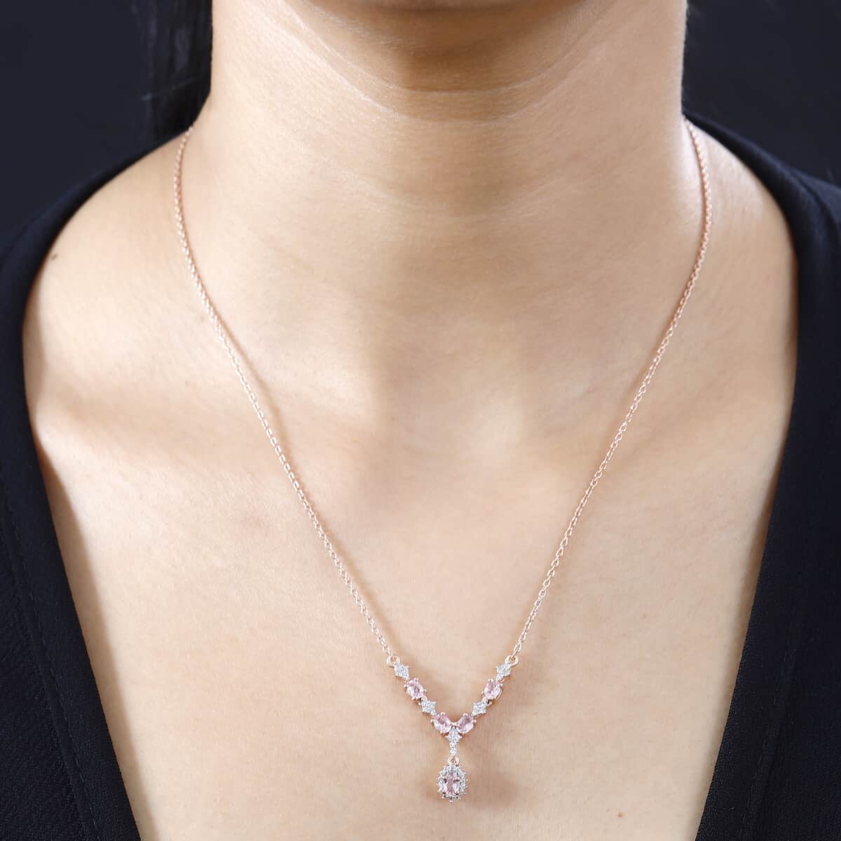 Premium Narsipatnam Pink Spinel and White Zircon Necklace 18-20 Inches in 18K Vermeil Rose Gold Over Sterling Silver 1.40 ctw image number 2