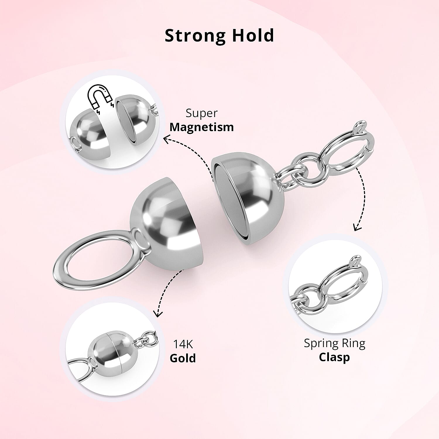 14K White Gold 6X4.5mm Magnetic Lock with 4.96x1.16mm Spring Ring Lock