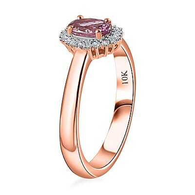 10K Rose Gold AAA Narsipatnam Pink Spinel and G-H I2 Diamond Sunburst Ring (Size 10.0) 0.60 ctw