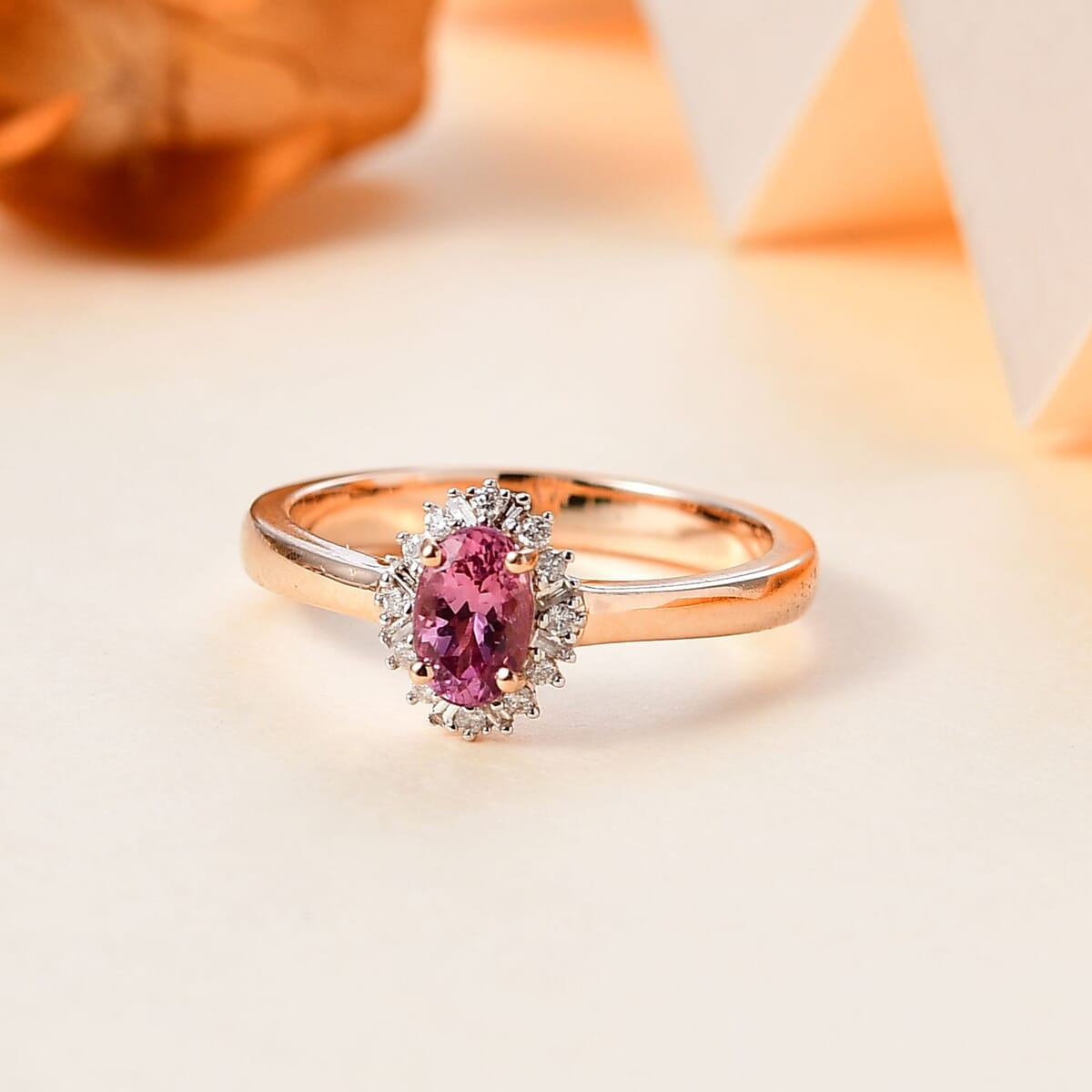 10K Rose Gold AAA Narsipatnam Pink Spinel and G-H I2 Diamond Sunburst Ring (Size 7.0) 0.60 ctw image number 1