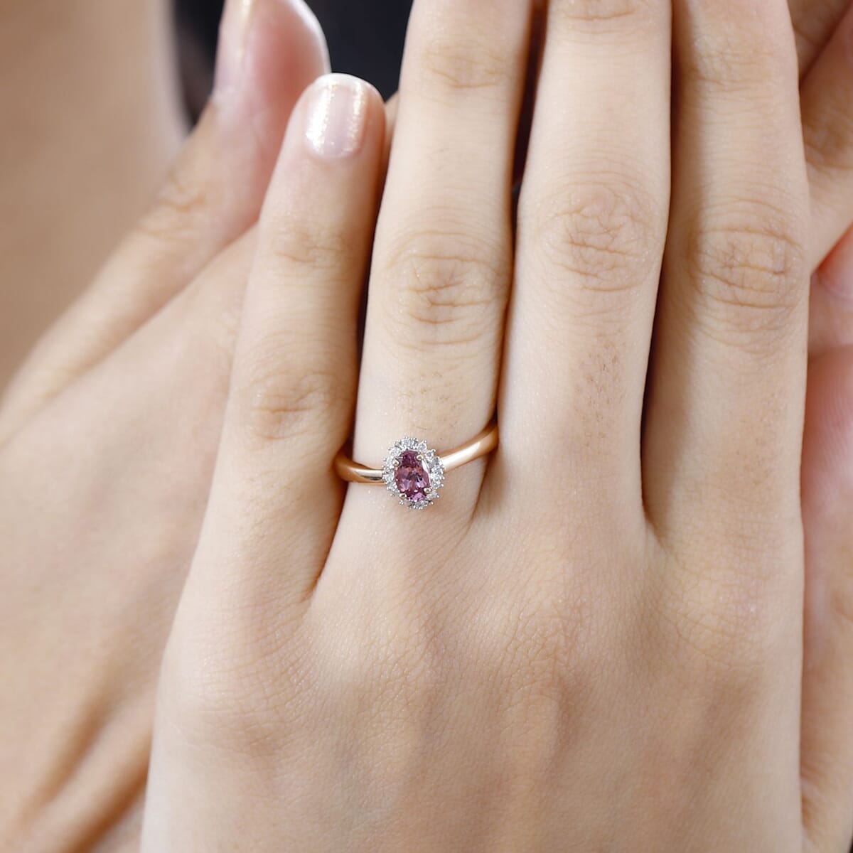 10K Rose Gold AAA Narsipatnam Pink Spinel and G-H I2 Diamond Sunburst Ring (Size 7.0) 0.60 ctw image number 2