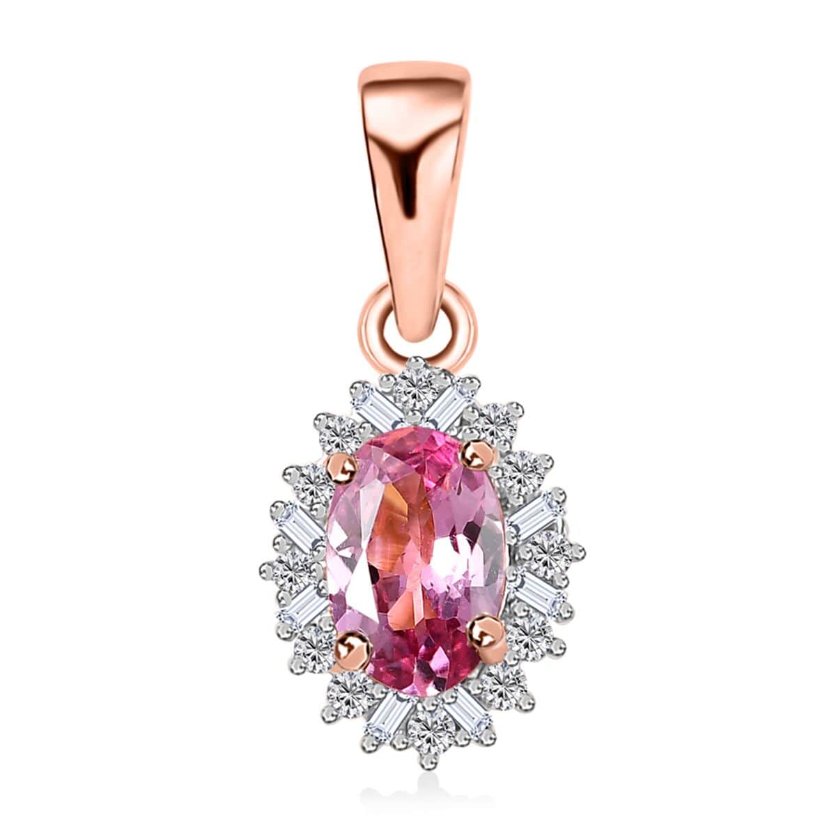 10K Rose Gold AAA Narsipatnam Pink Spinel and G-H I2 Diamond Sunburst Pendant 0.55 ctw image number 0