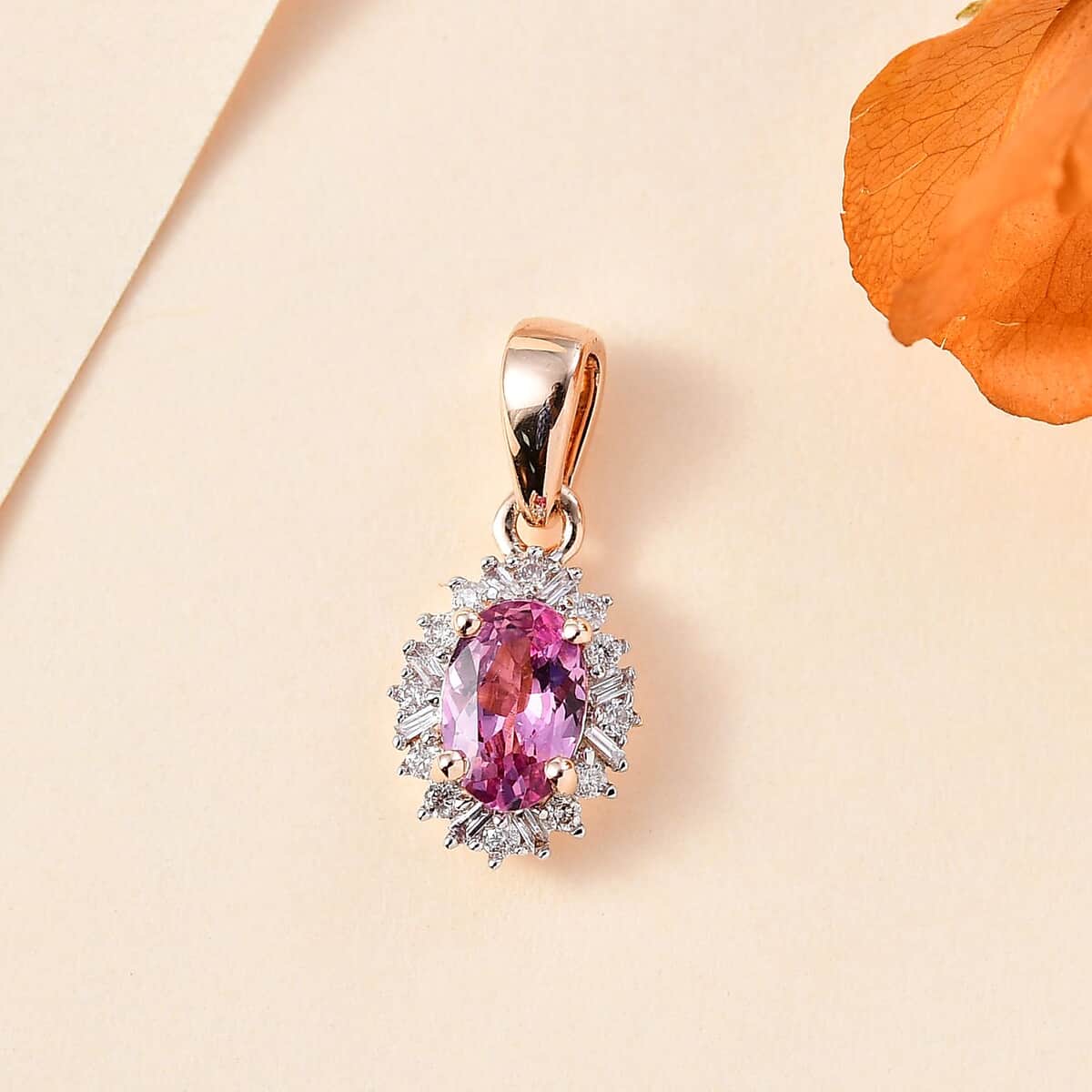 10K Rose Gold AAA Narsipatnam Pink Spinel and G-H I2 Diamond Sunburst Pendant 0.55 ctw image number 1