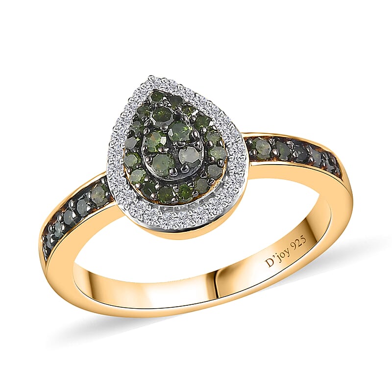 Green and White Diamond Pear Shape Ring in Vermeil Yellow Gold Over Sterling Silver (Size 10.0) 0.50 ctw