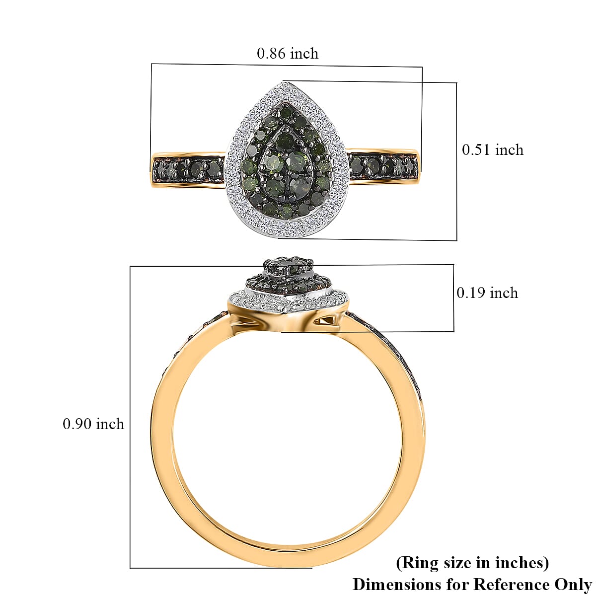 Green and White Diamond Pear Shape Ring in Vermeil Yellow Gold Over Sterling Silver (Size 10.0) 0.50 ctw