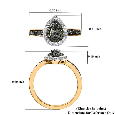 Green and White Diamond Pear Shape Ring in Vermeil Yellow Gold Over Sterling Silver (Size 10.0) 0.50 ctw