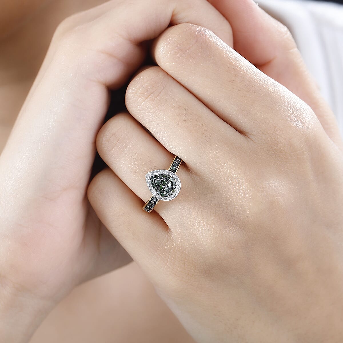 Green and White Diamond Pear Shape Ring in Vermeil Yellow Gold Over Sterling Silver (Size 8.0) 0.50 ctw image number 2