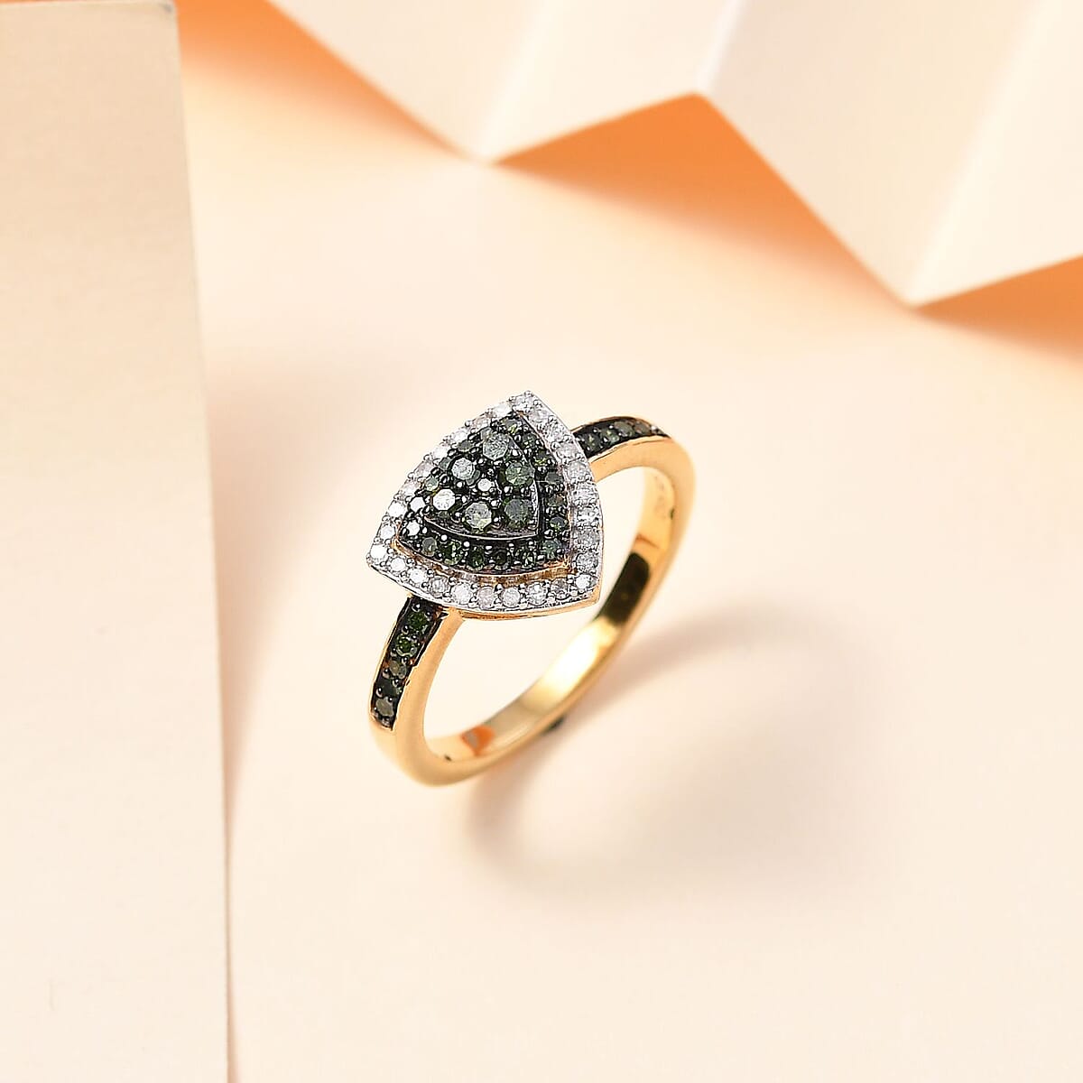 Green and White Diamond Trillion Shape Ring in Vermeil Yellow Gold Over Sterling Silver (Size 7.0) 0.50 ctw image number 1