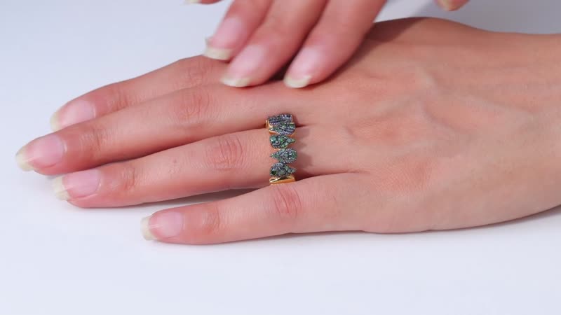 Green Diamond Band Ring in 18K YG Vermeil Sterling Silver , Silver Wt. 7 g 0.75 ctw