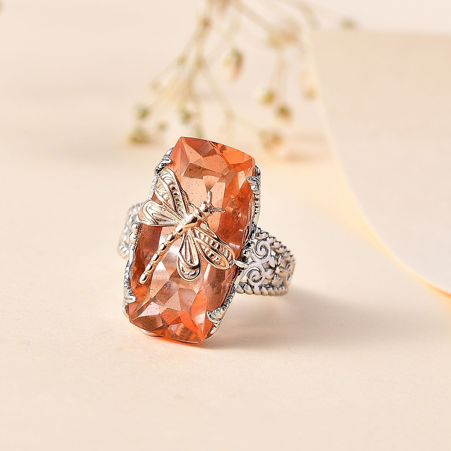 Morganique Quartz (Triplet) Dragonfly Ring in 18K Vermeil RG and Rhodium Over Sterling Silver (Size 10.0) 13.85 ctw