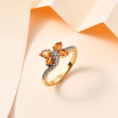 Salamanca Fire Opal and White Zircon 0.70 ctw Ring in 18K Vermeil Yellow Gold Over Sterling Silver (Size 11.5)